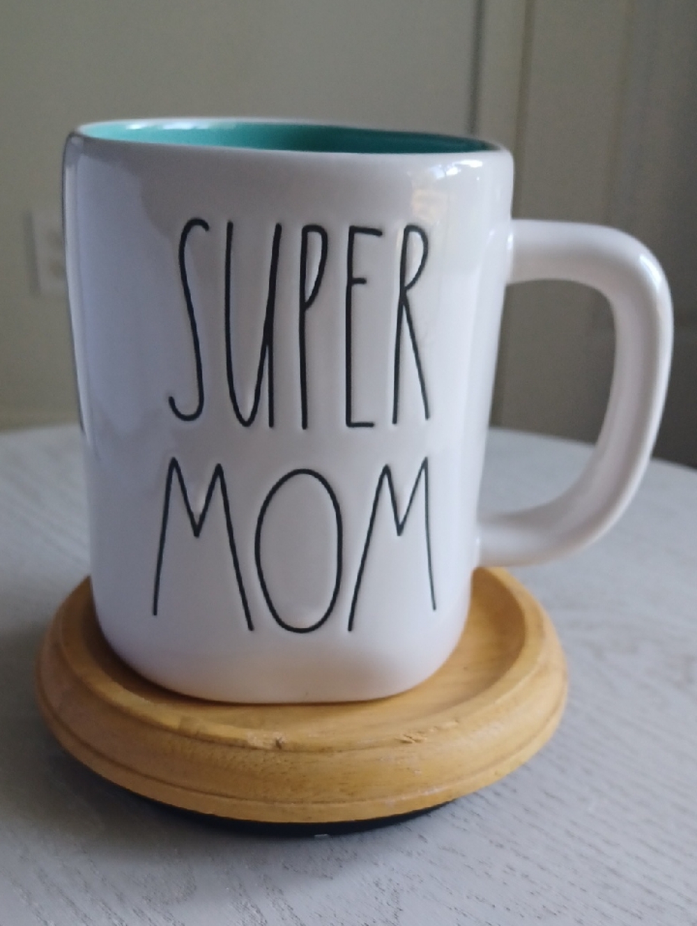 Rae Dunn SUPER MOM White Ceramic Mug With Light Teal Inside